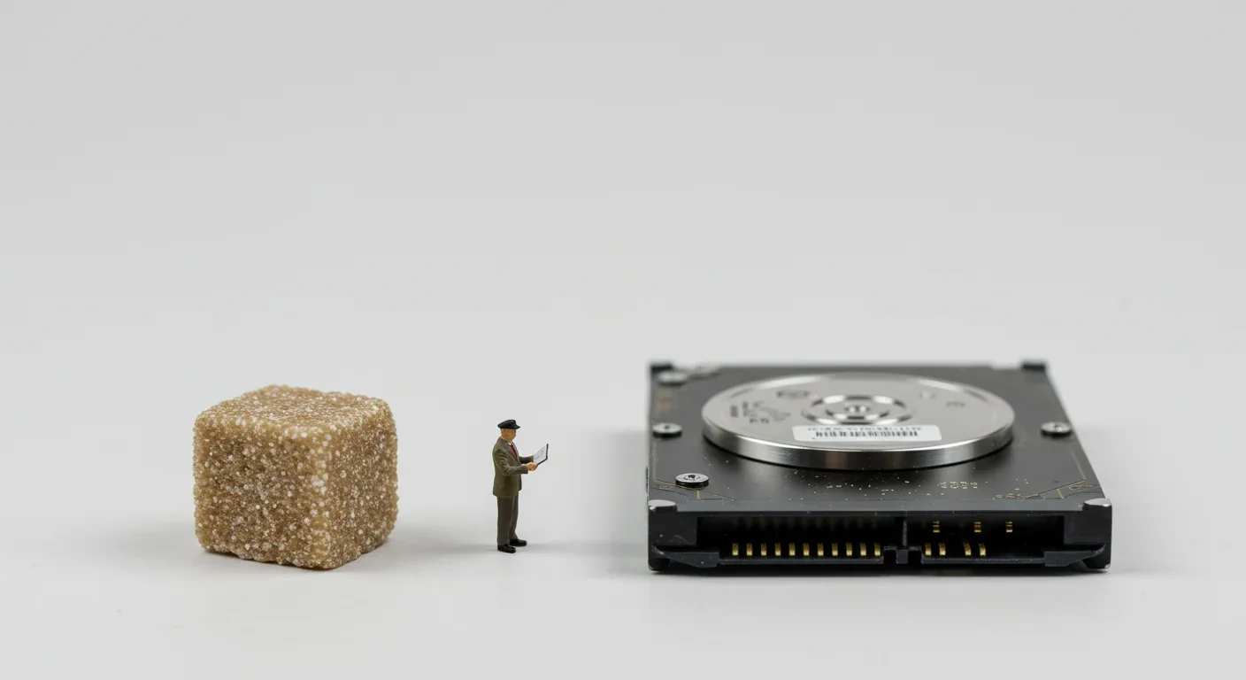 Size comparison showing DNA storage density versus traditional hard drives