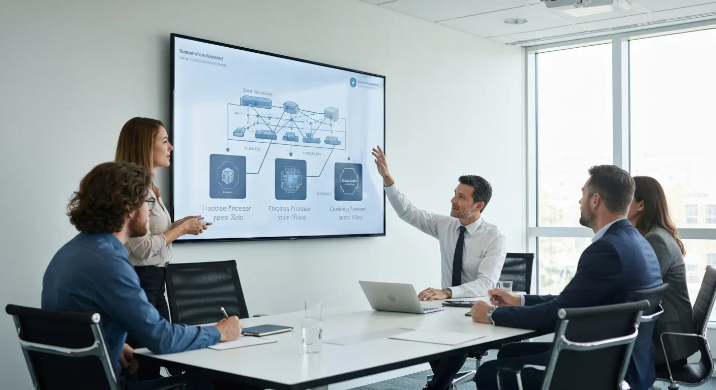 IT professionals reviewing three-tier processor architecture for data center deployment