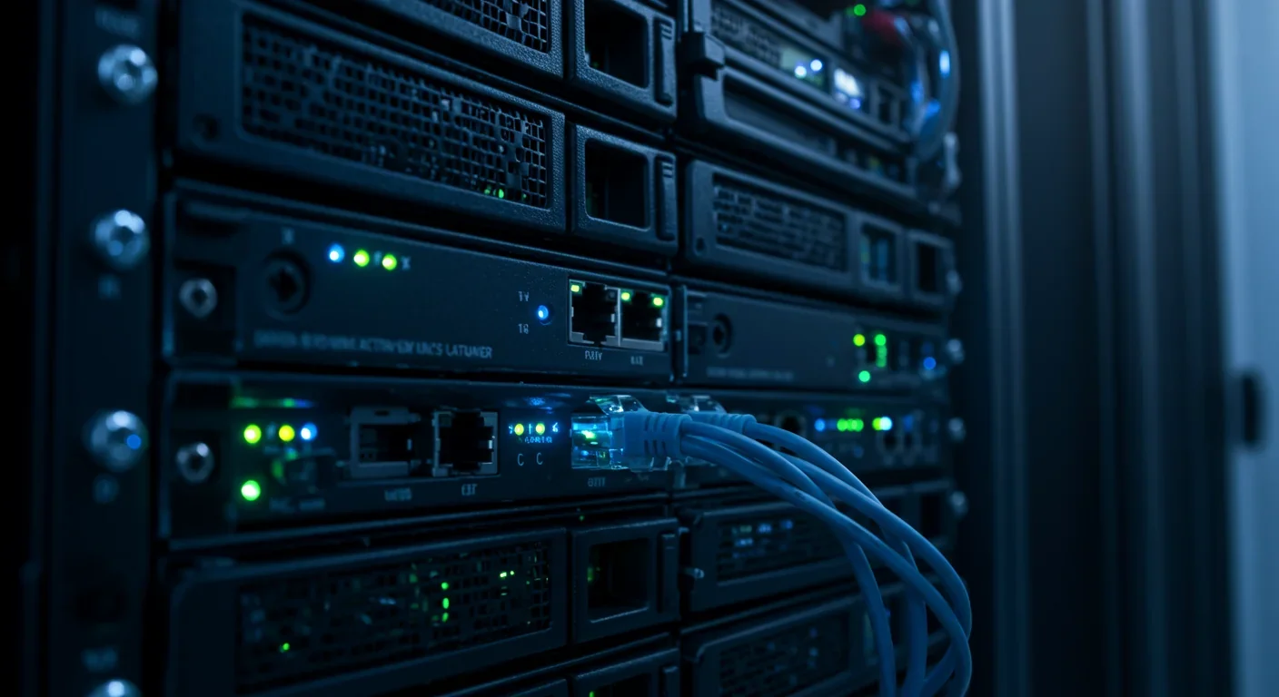 Edge computing server rack with active network connections and LED indicators