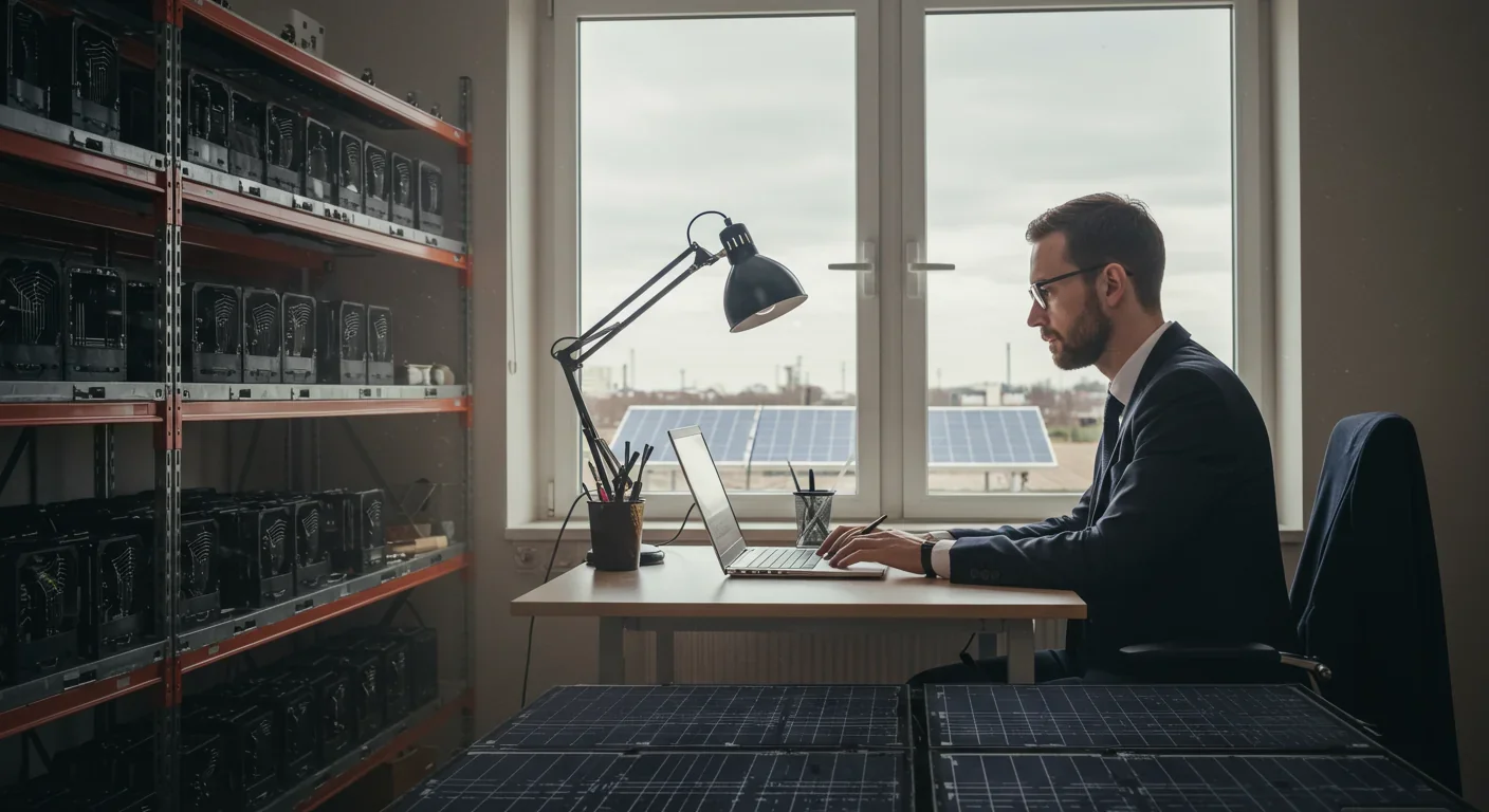 Person running an Ethereum validator node from home on a laptop powered by solar energy, contrasting with industrial mining operations