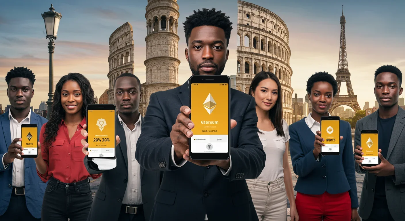 Diverse global participants using smartphones to stake Ethereum from various countries, showing worldwide validator adoption