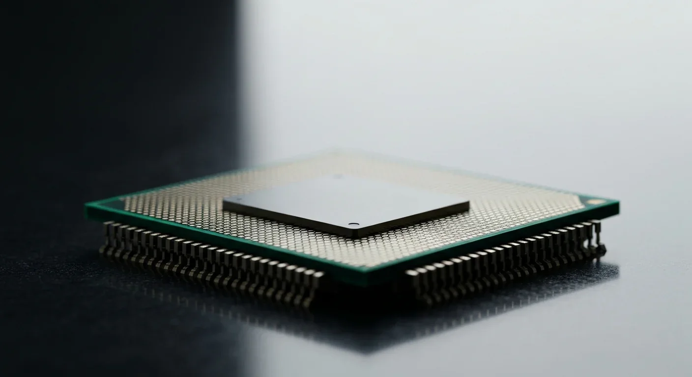 Close-up of a microprocessor die showing intricate circuit patterns and metallic contact pads