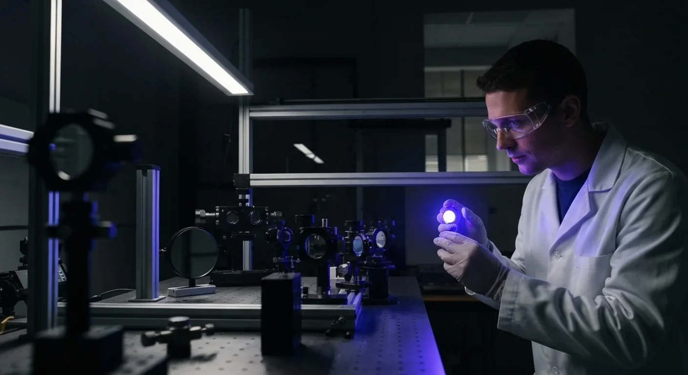 Scientist examining ultraviolet light source in an optics laboratory with precision equipment