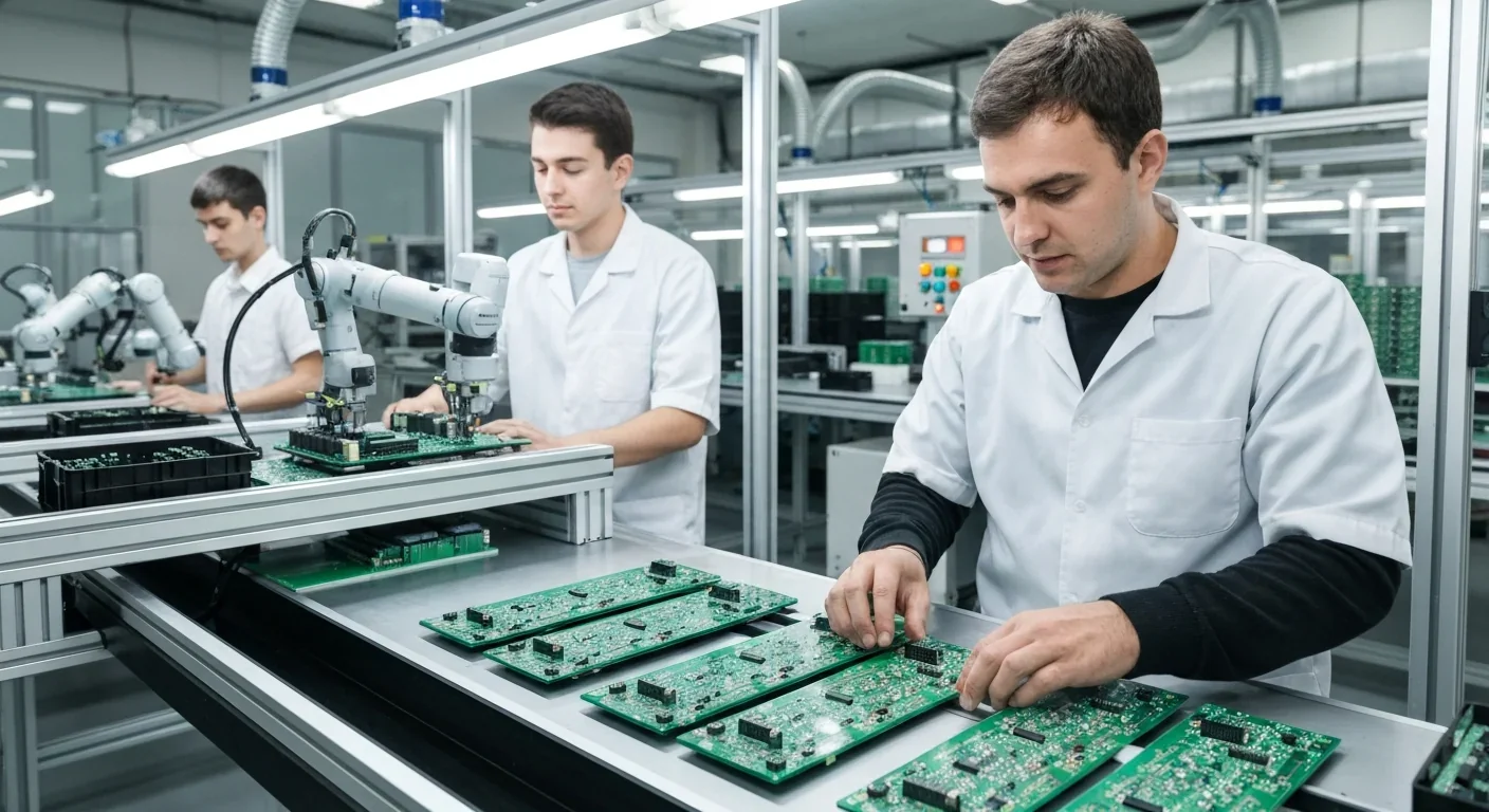 Robotic assembly line placing components on circuit boards in an electronics manufacturing facility