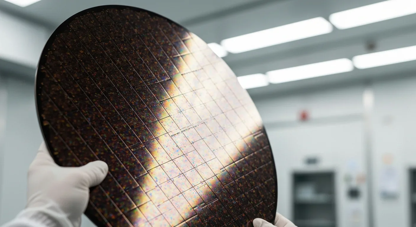 Gloved hands holding a semiconductor wafer showing colorful diffraction patterns from nanoscale circuits