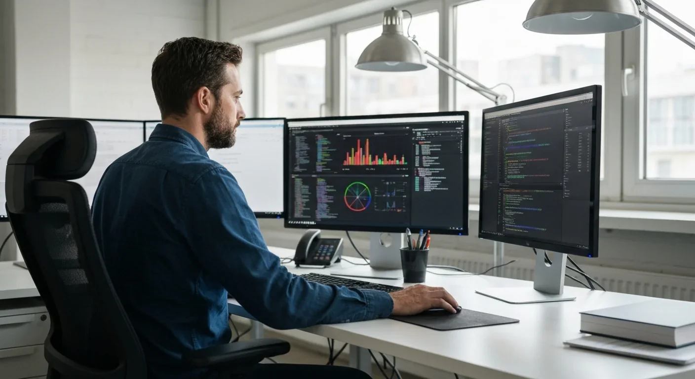 Software engineer working with machine learning code on multiple computer monitors