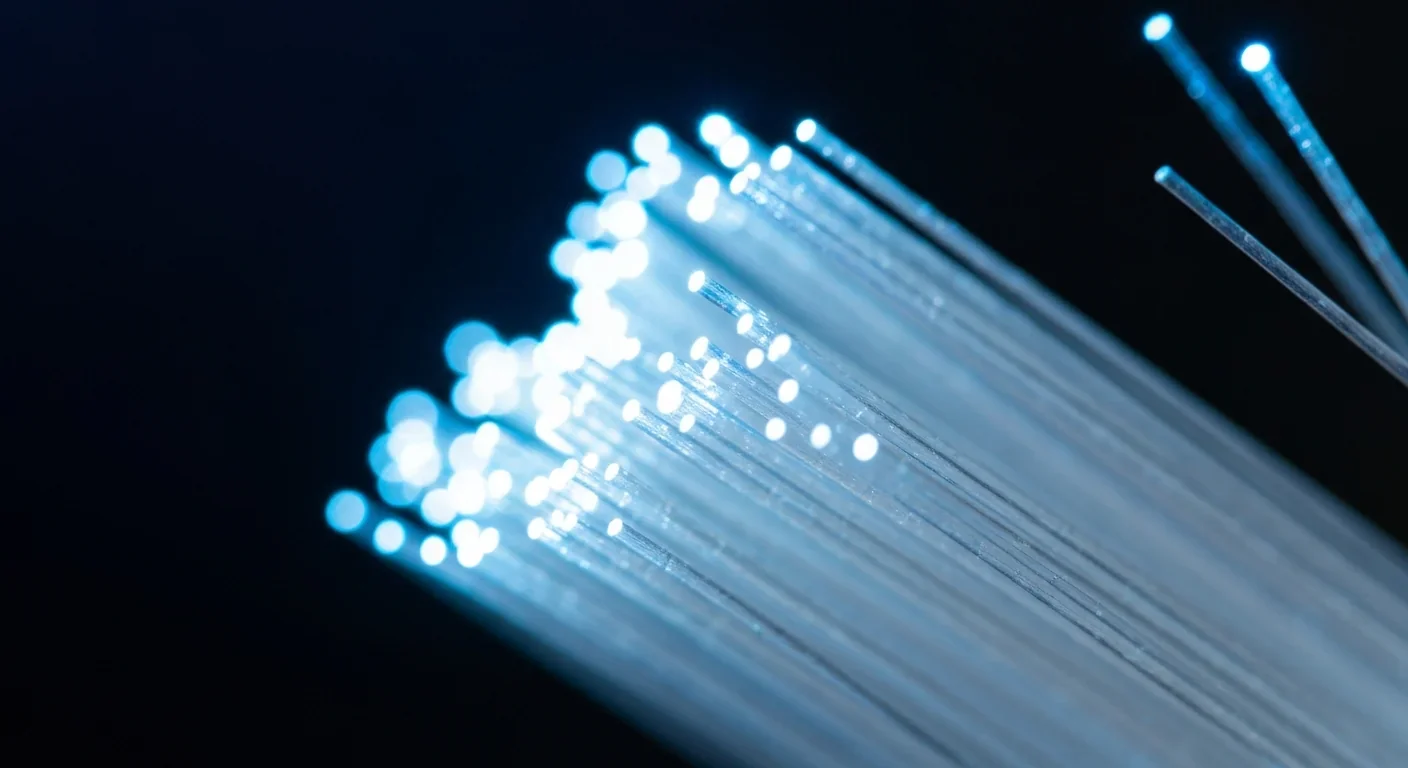 Illuminated fiber optic cables demonstrating high-speed optical data transmission technology