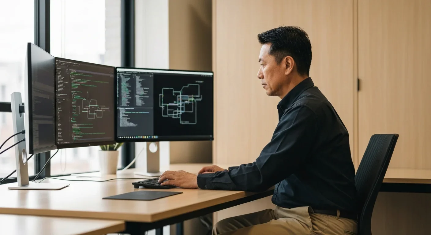 Professional software engineer developing AI applications at a multi-monitor workstation