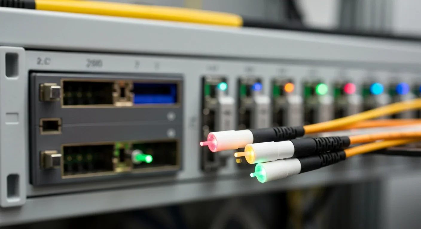 Fiber optic cables transmitting data in high-speed optical networking infrastructure