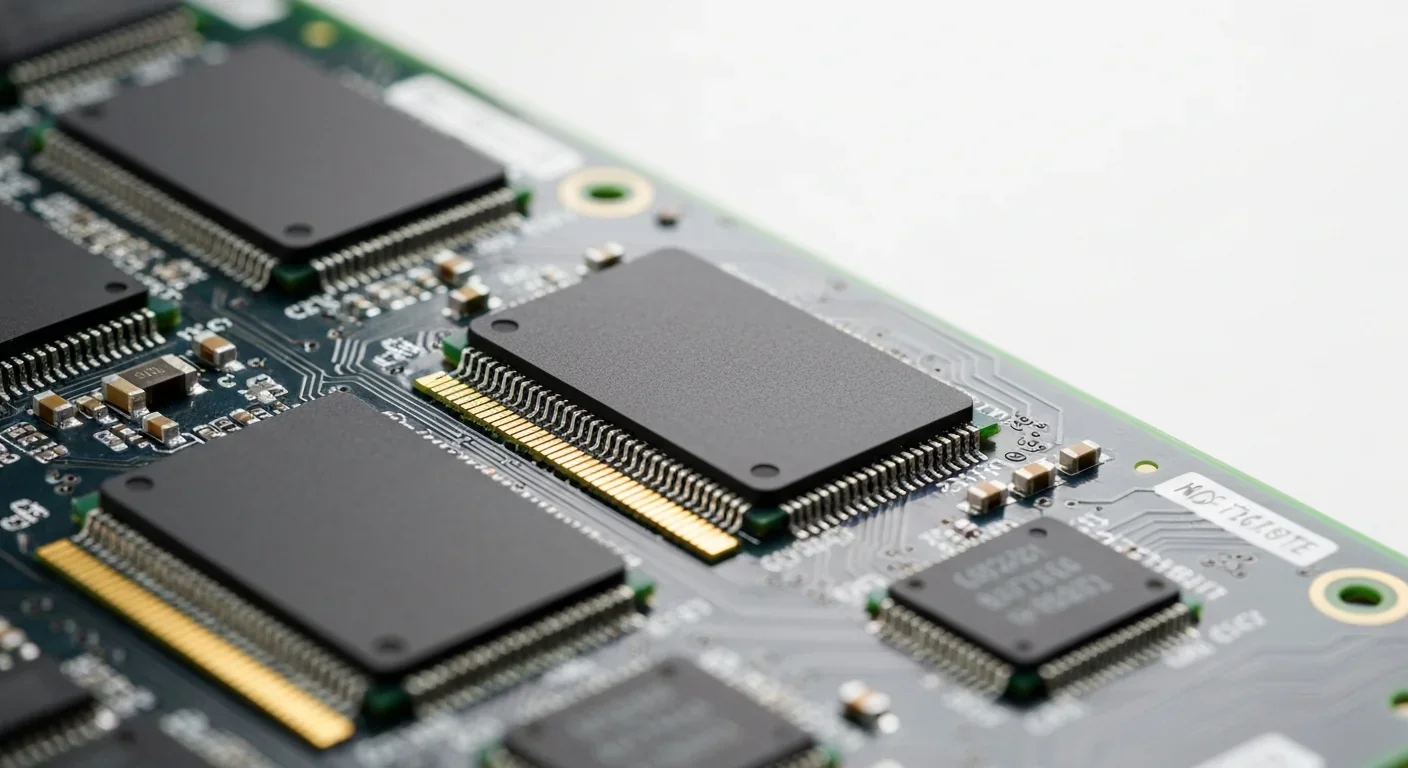 Detailed view of AI chip with high-bandwidth memory components on circuit board
