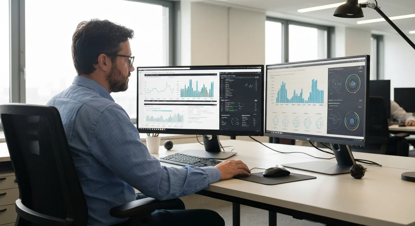 Machine learning engineer monitoring AI model training on professional workstation