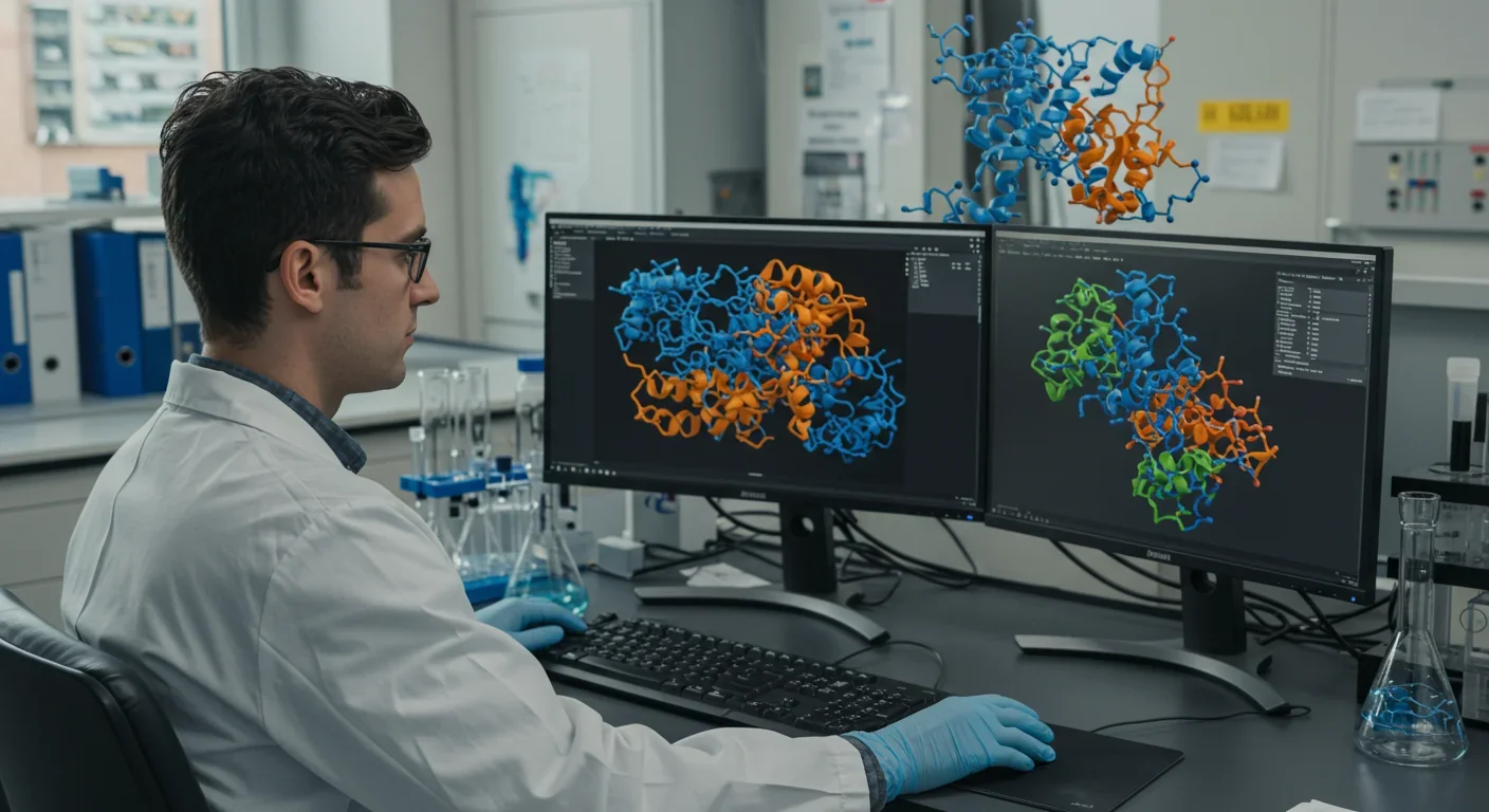 Researcher analyzing protein structures on computer screens using GPU-accelerated software
