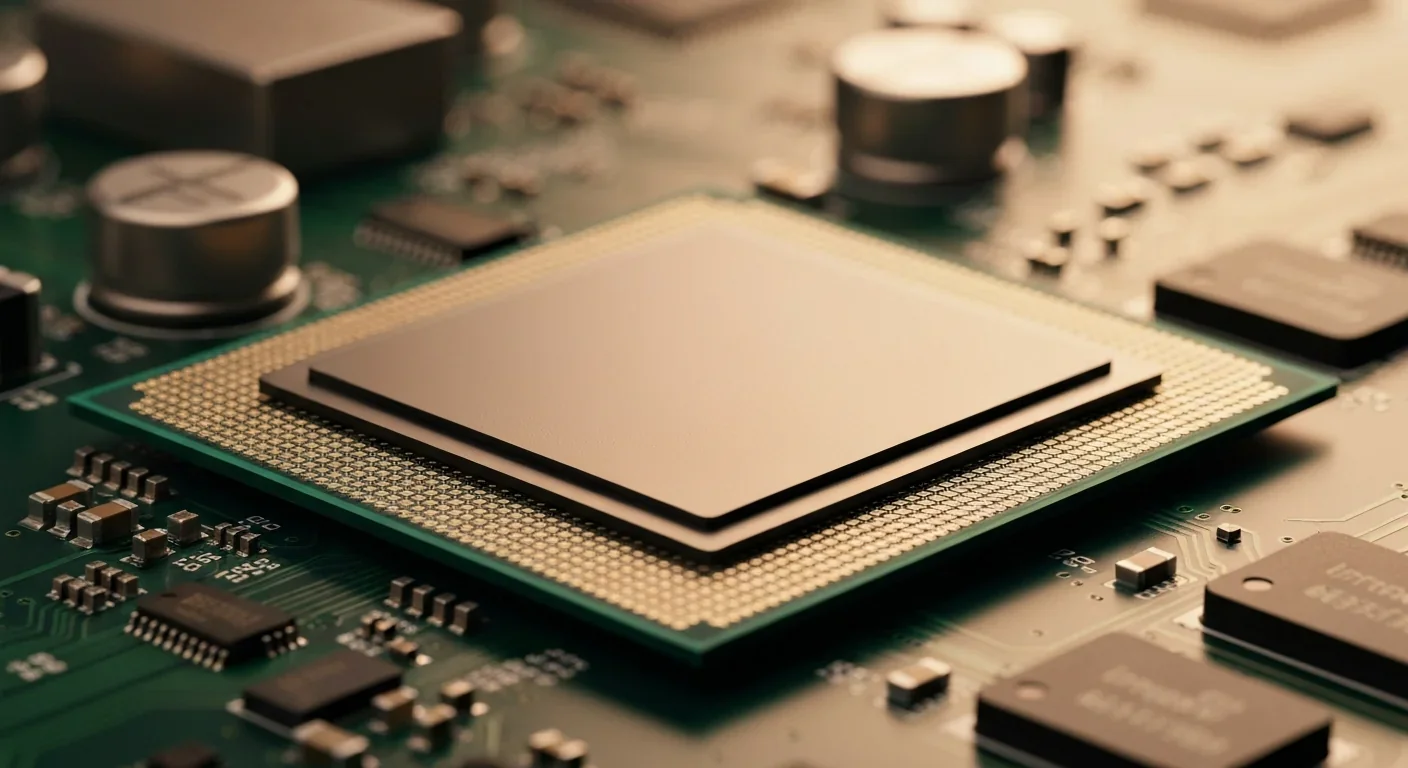 Close-up photograph of an Intel processor chip on a circuit board with shallow depth of field