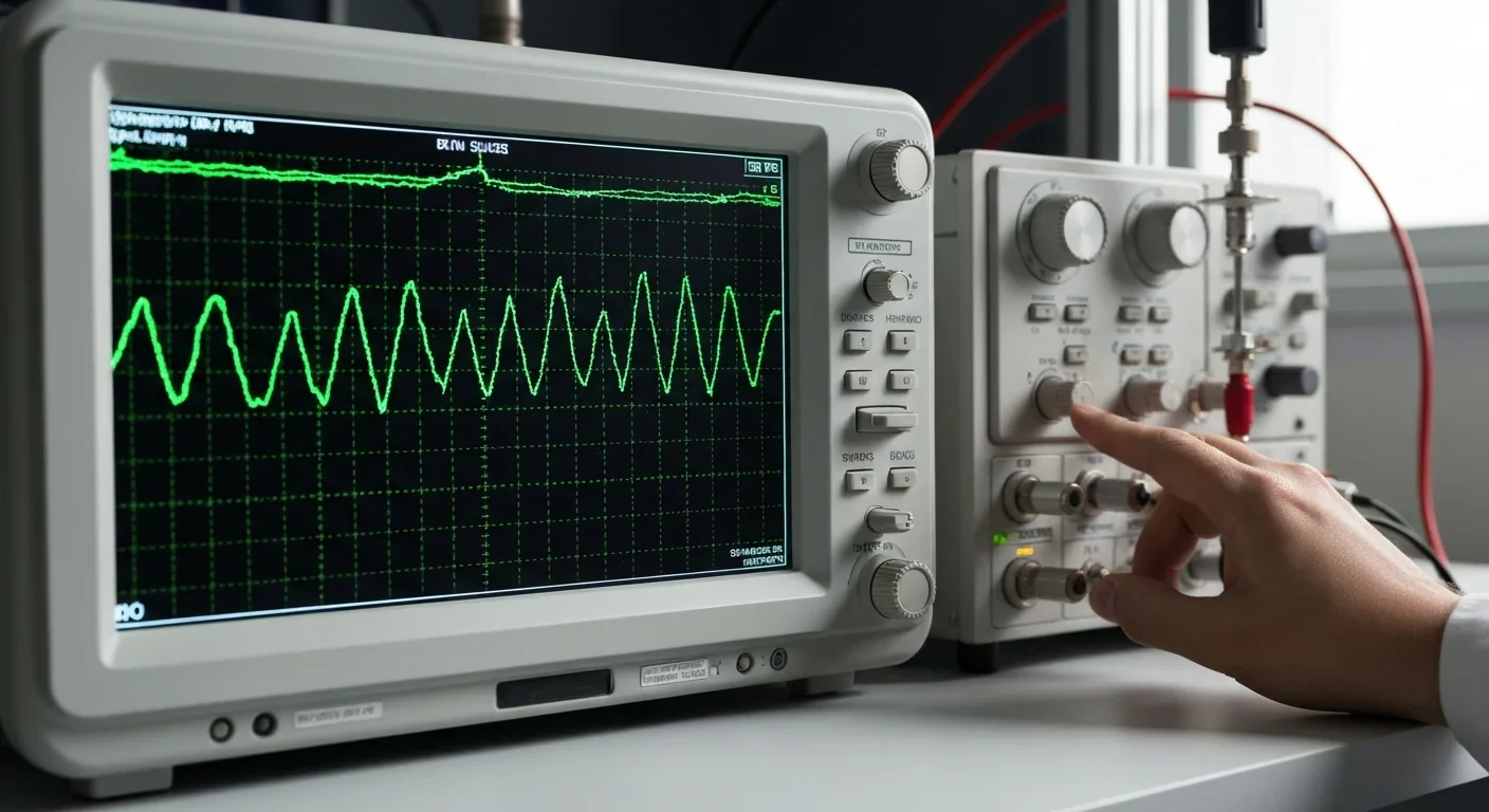 Oscilloscope displaying a random analog noise waveform in an electronics laboratory