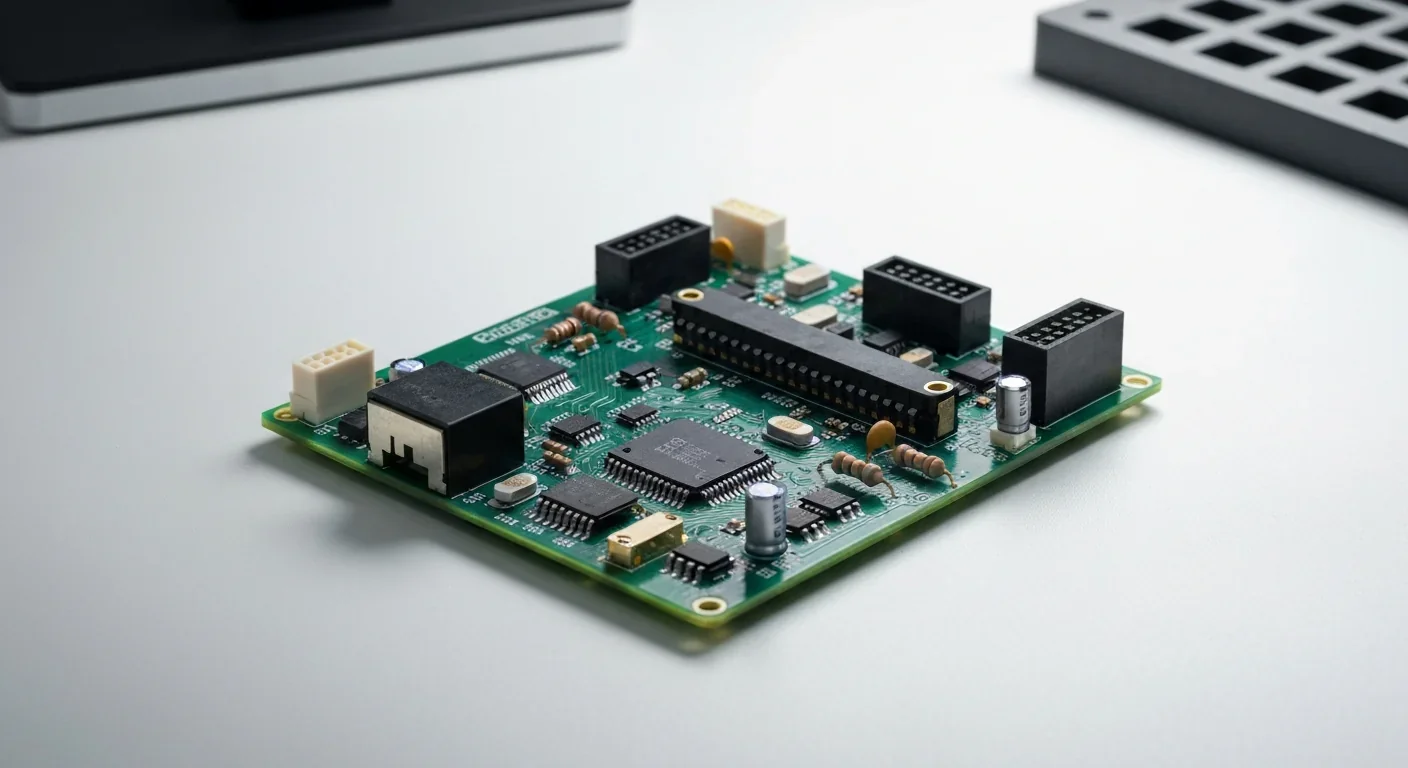 Overhead photograph of a printed circuit board with surface-mount components on a white workbench