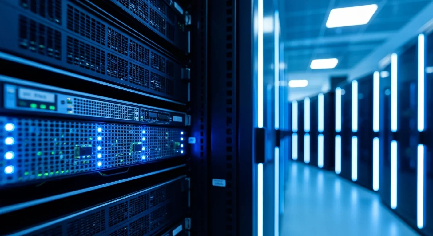 Server rack in a modern data center with blue LED indicator lights and rows of servers