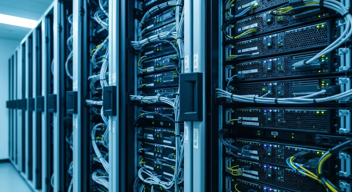 Modern data center with organized server racks and blue LED indicators showing AI compute infrastructure