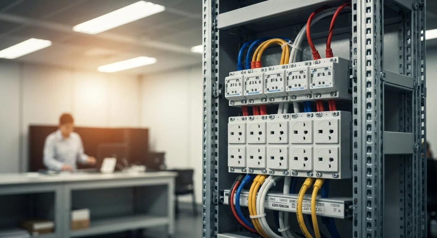 Power distribution unit in data center showing complex electrical infrastructure for AI training clusters