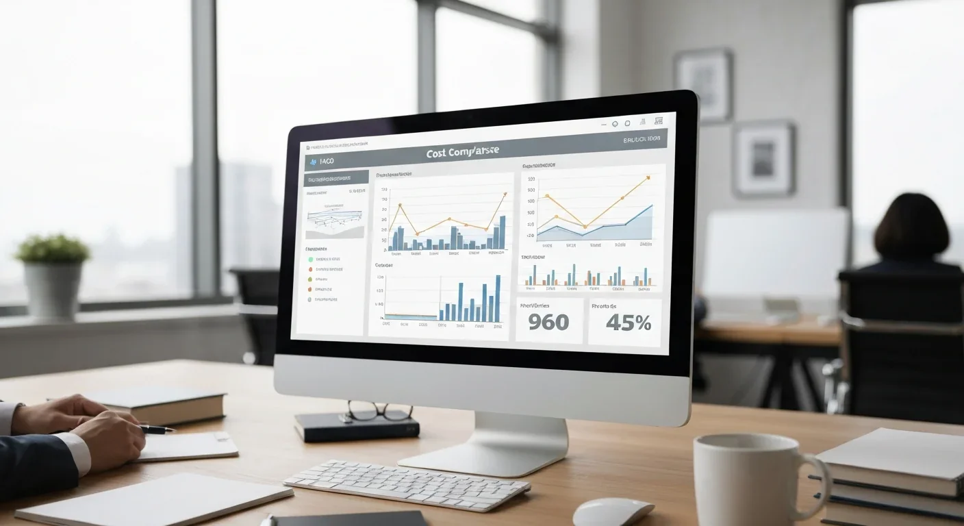 Financial analysis dashboard comparing AI infrastructure costs and total cost of ownership metrics