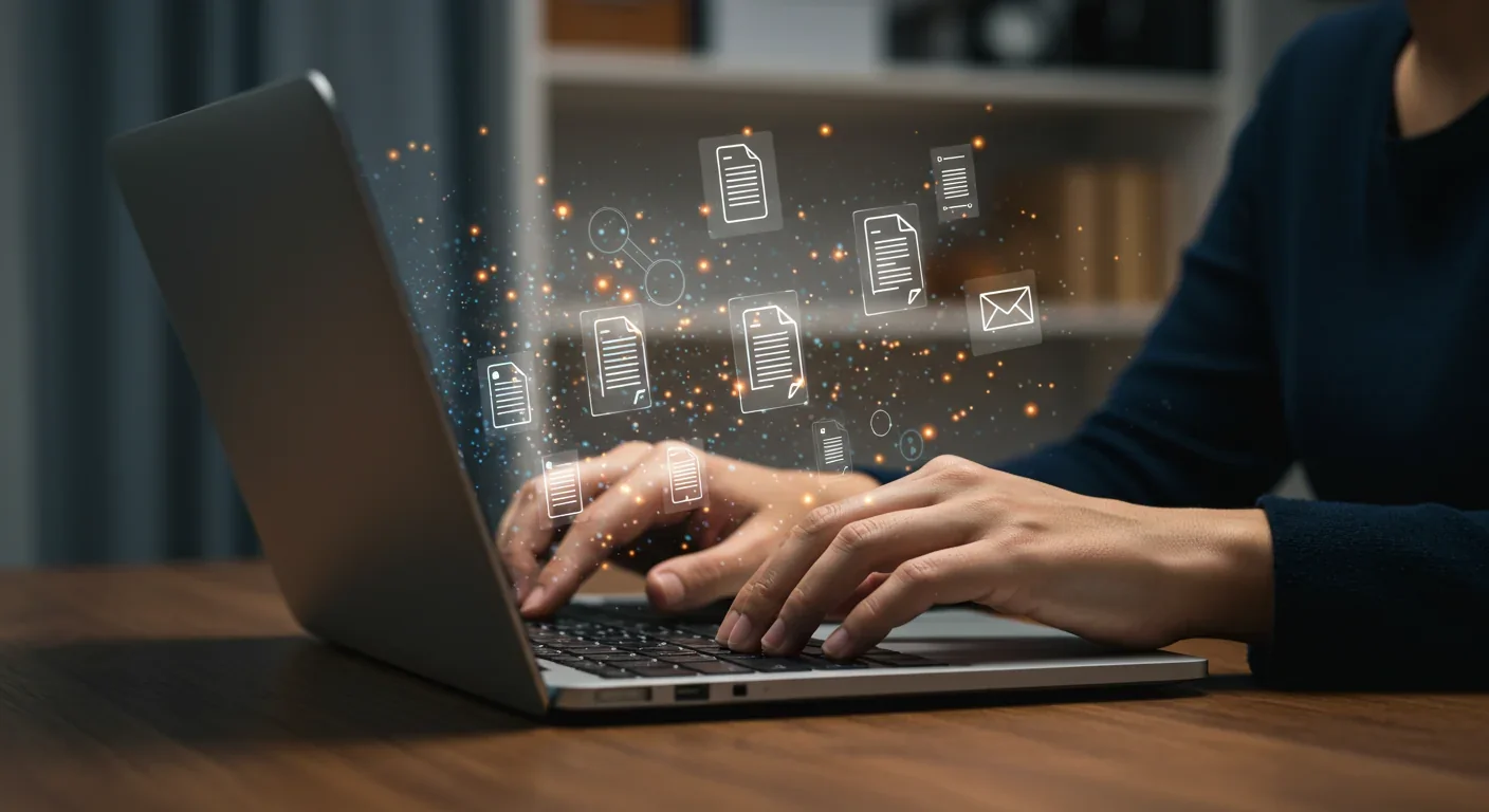 Data streams representing document retrieval flowing from laptop screen as user types query