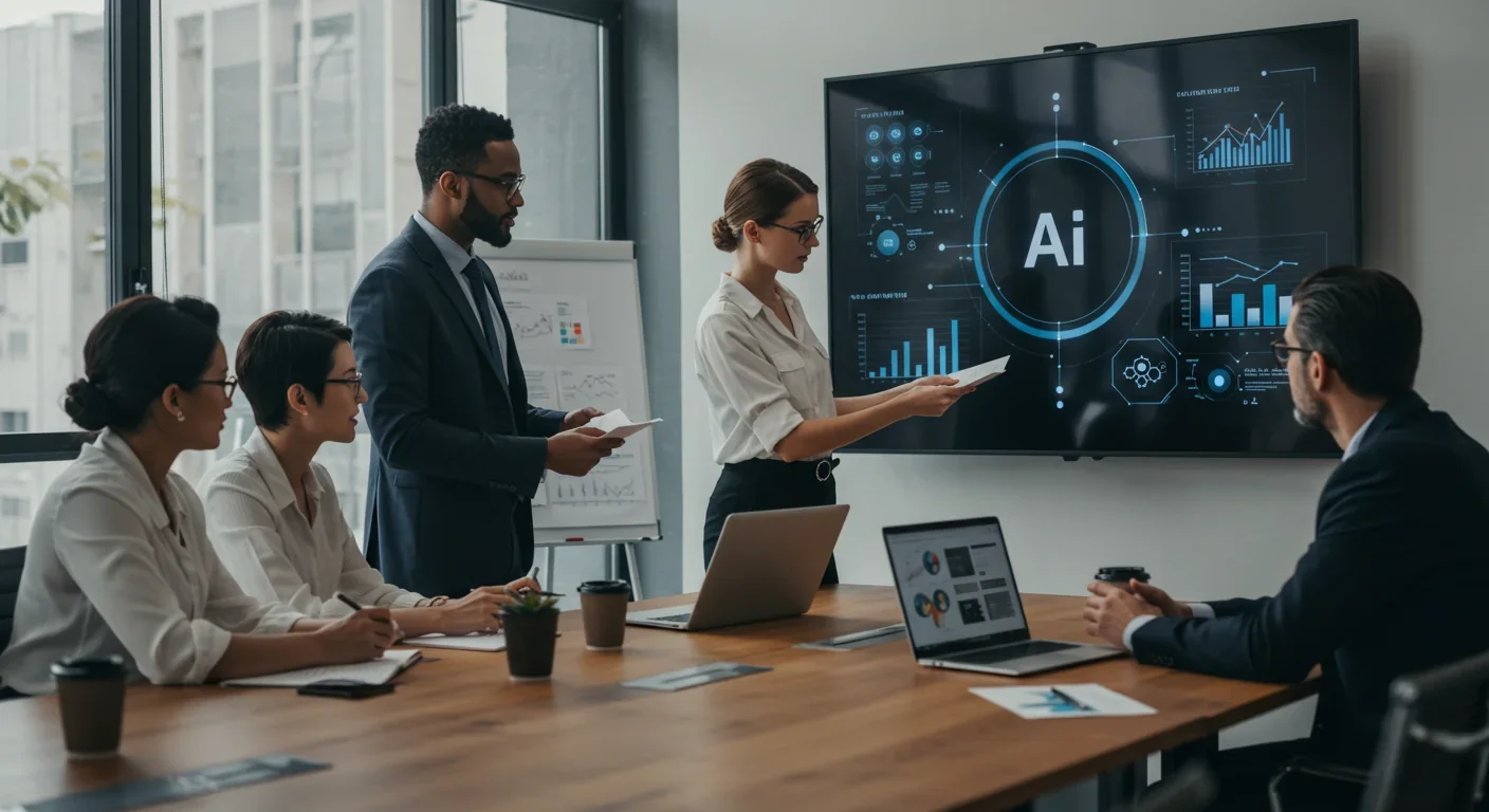 Business team reviewing AI-generated research in collaborative meeting setting