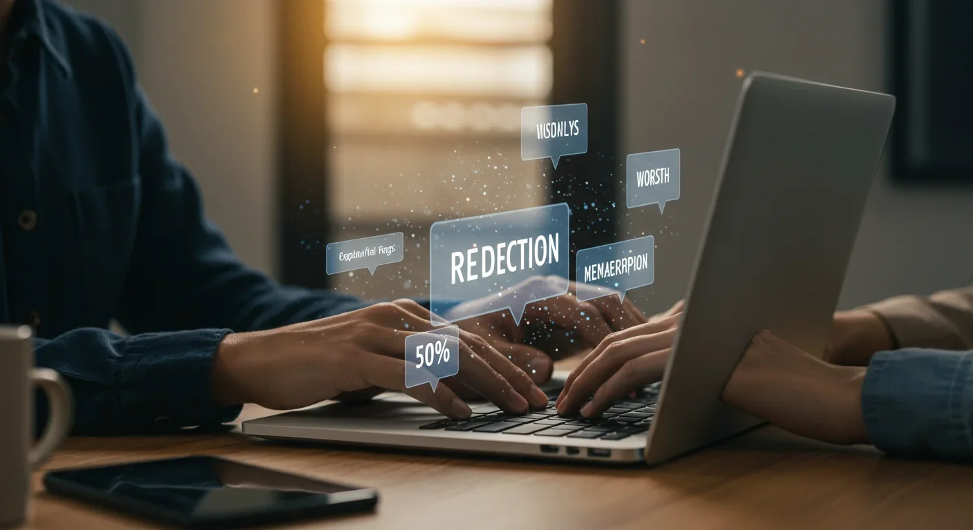 Hands typing on laptop with holographic word prediction probabilities floating above keyboard