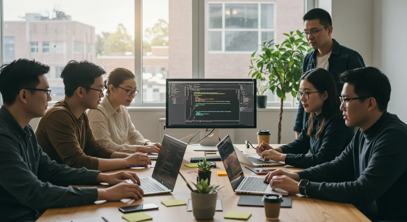 Diverse software development team collaborating on AI-assisted coding project in modern office