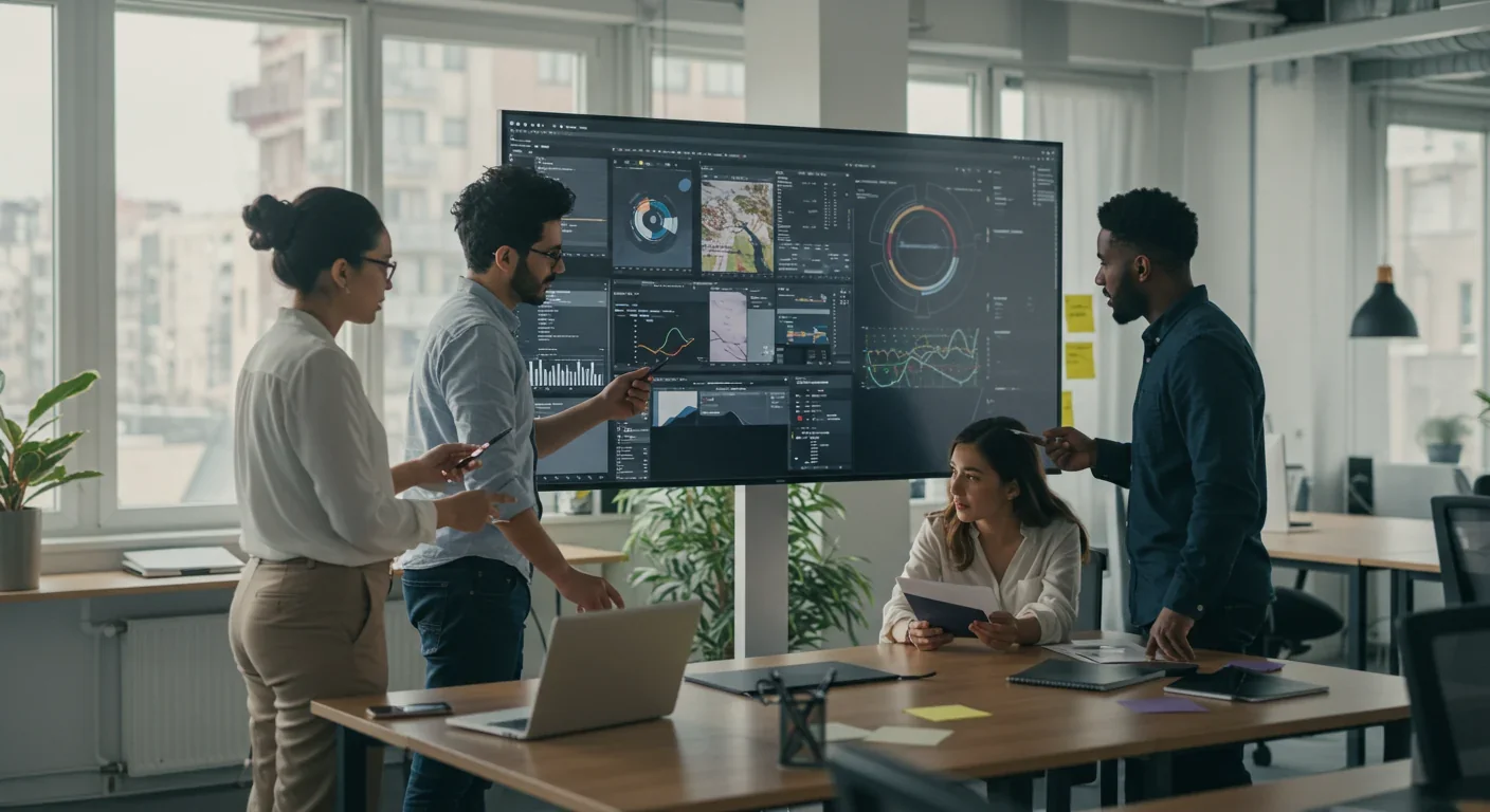 Team of professionals reviewing AI-generated images on large digital display