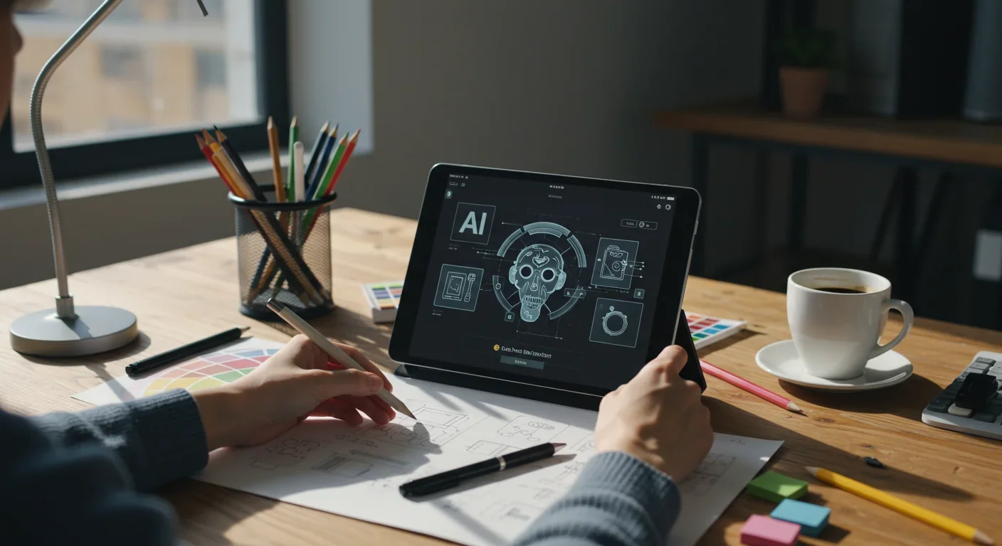 Designer's workspace combining AI image generation tools with traditional artistic materials