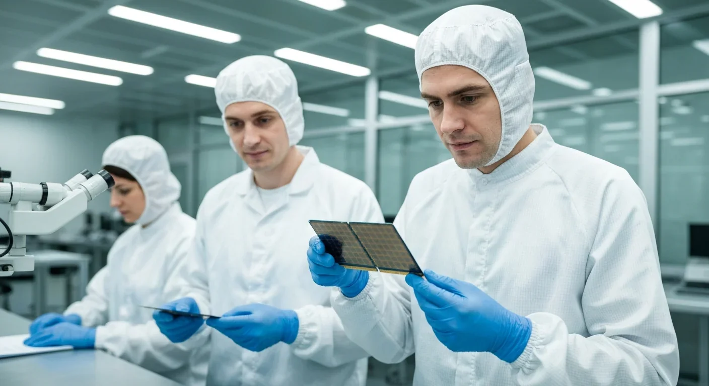 Engineers examining 3D-stacked memory chip wafer in semiconductor cleanroom facility