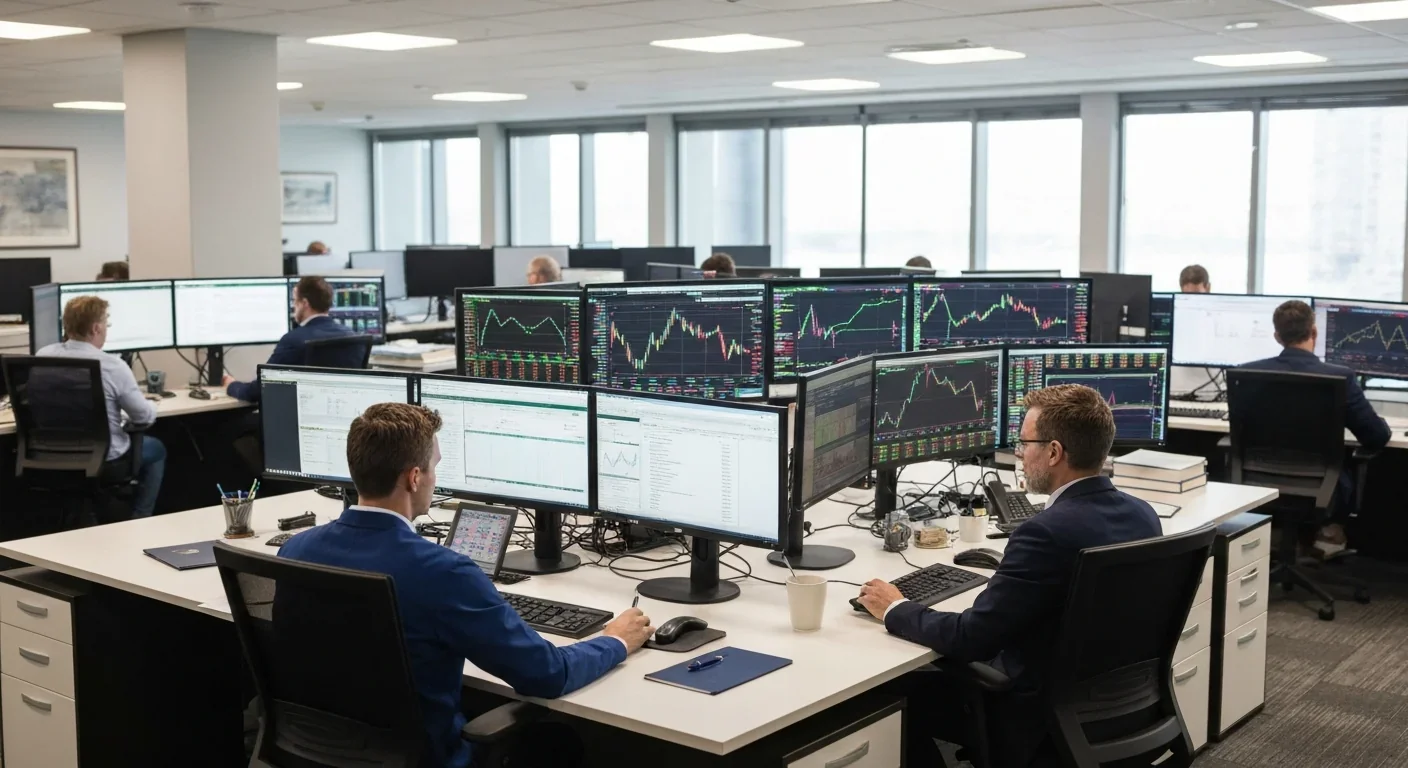 Financial trading floor with professionals analyzing real-time market data on multiple screens