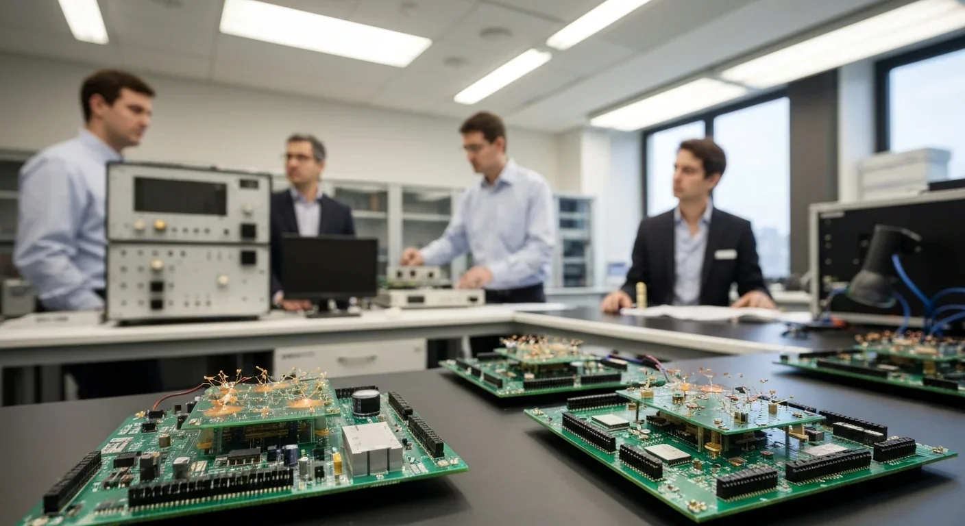 Neuromorphic computing research laboratory showing experimental brain-inspired processor chips