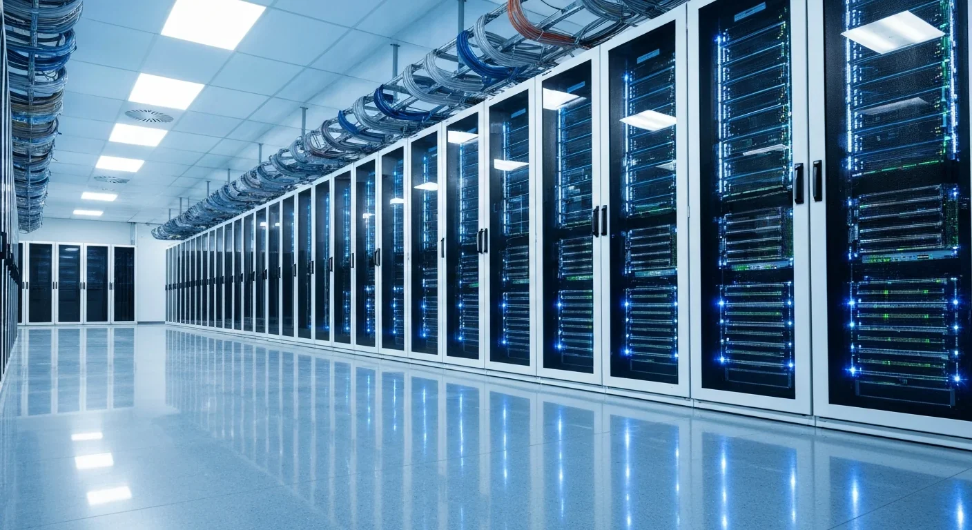 Modern data center server room with illuminated server racks and blue LED status lights