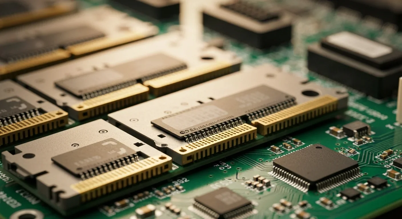 Close-up of computer motherboard memory DIMM slots with gold contact pins