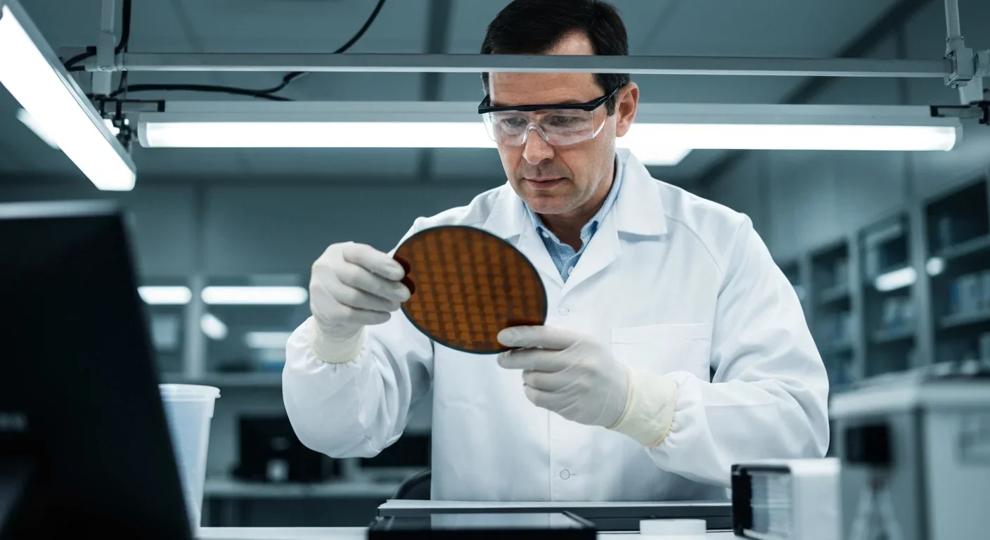 Engineer examining a silicon wafer in a semiconductor clean room facility