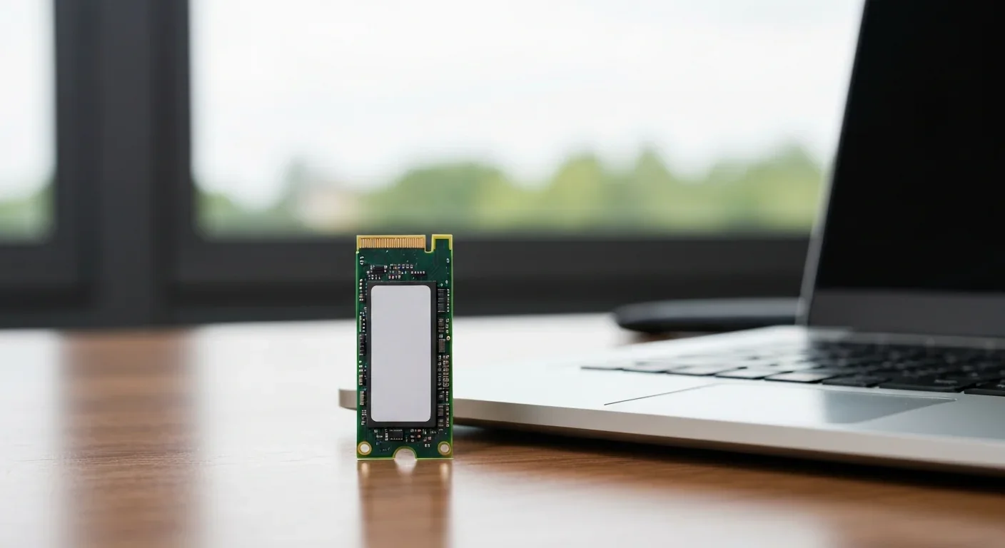 Small M.2 NVMe solid state drive module on a desk next to a laptop