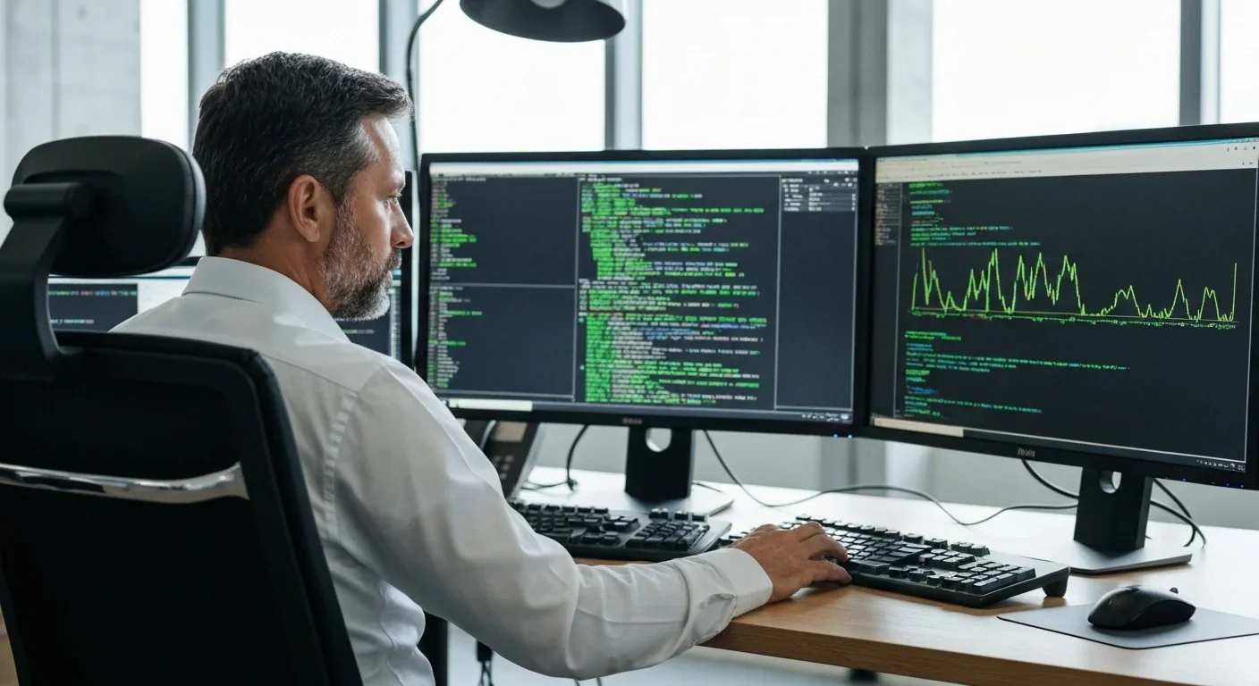 Software engineer working at a desk with multiple monitors showing code in a modern office
