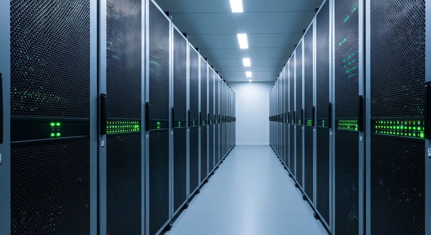 Server room corridor with rows of rack-mounted servers and green and blue LED status lights