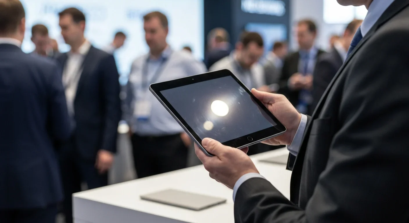 Professional adult holding an ARM-based tablet at a technology conference with blurred background