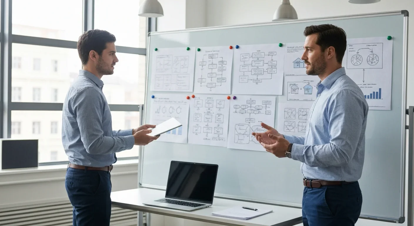 Two adult colleagues discussing technical diagrams drawn on a large whiteboard in a bright office