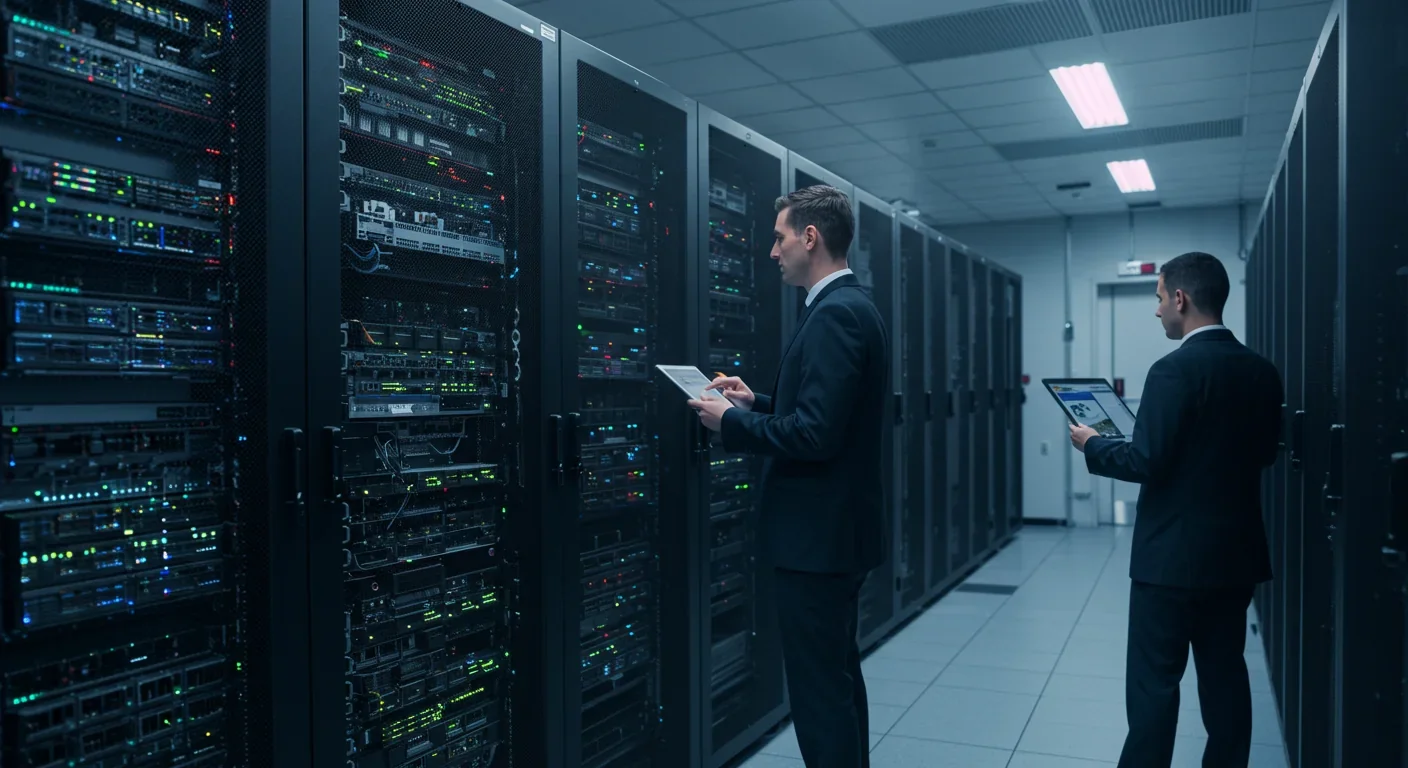Engineers testing semiconductor chips in manufacturing clean room facility