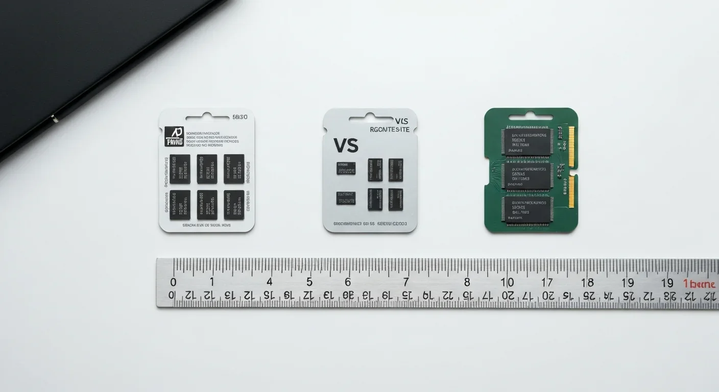 Various memory chip packages displayed side by side on a white surface with a ruler for scale