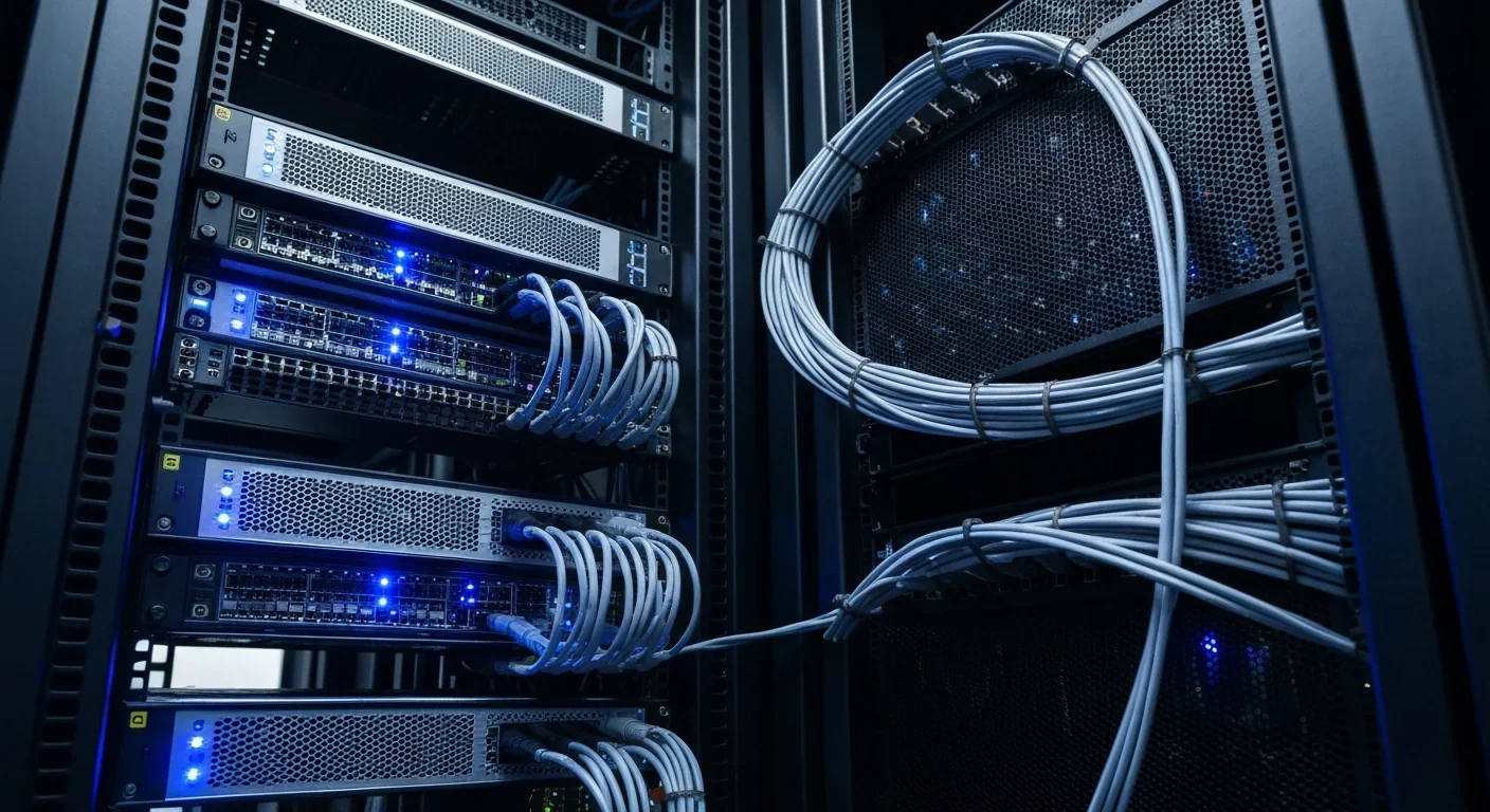 Modern data center server rack with blue LED lights and organized cable management