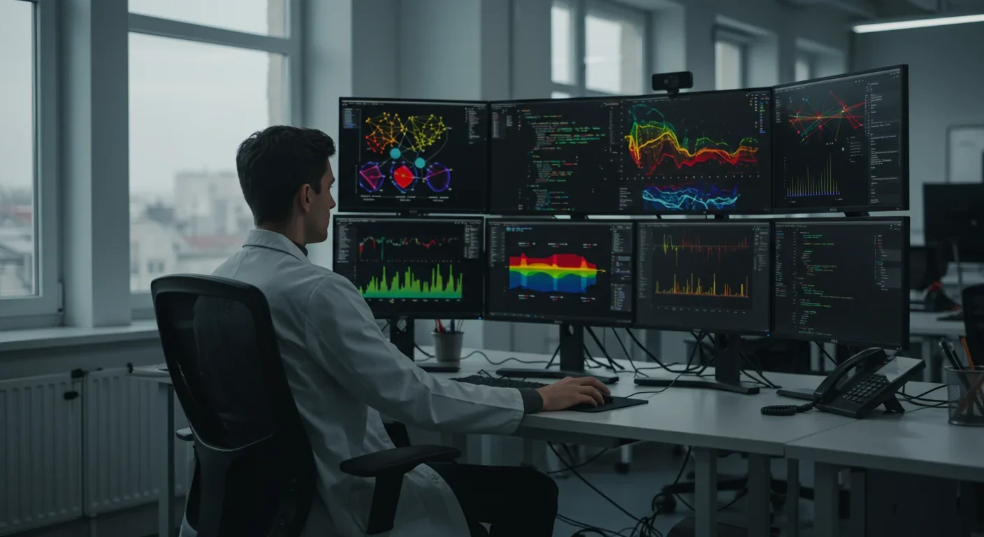 Diverse team of AI professionals collaborating on AutoML implementation with performance dashboards