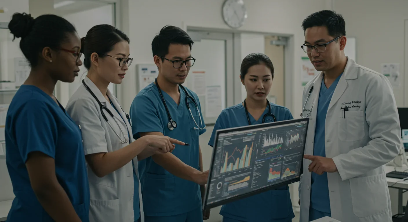 Healthcare team using AI-powered predictive analytics for patient resource planning