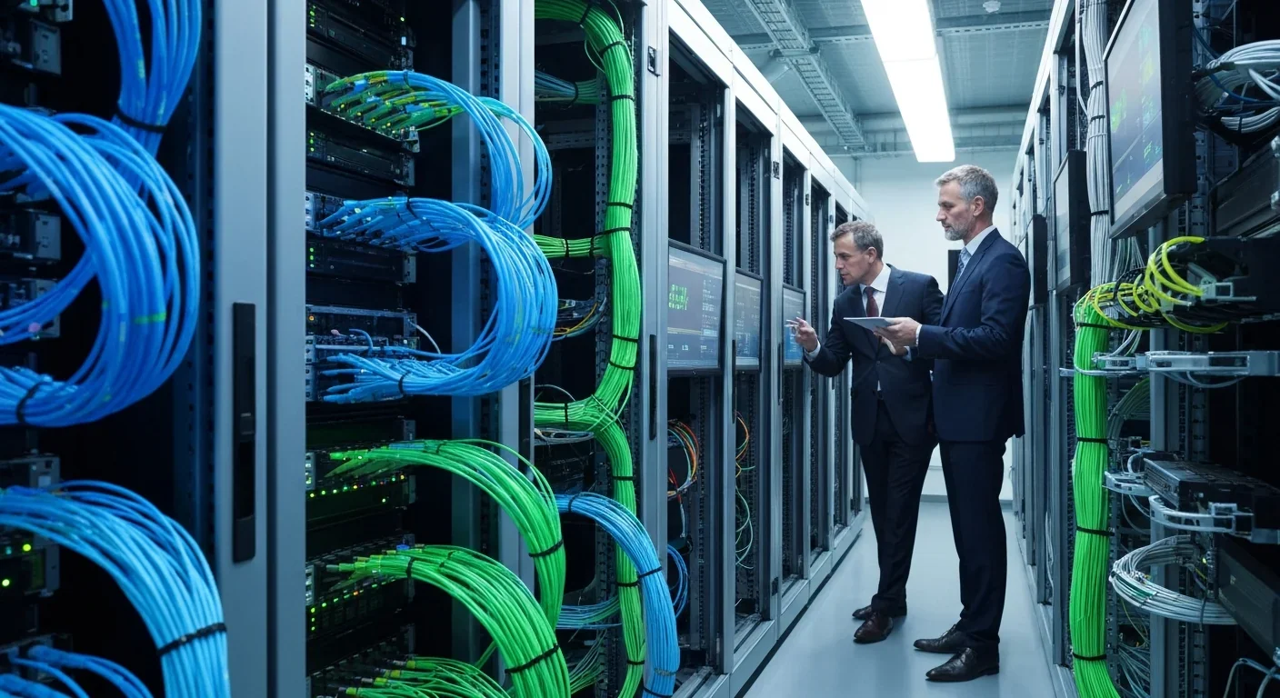 Data center professionals examining optical network infrastructure and performance displays