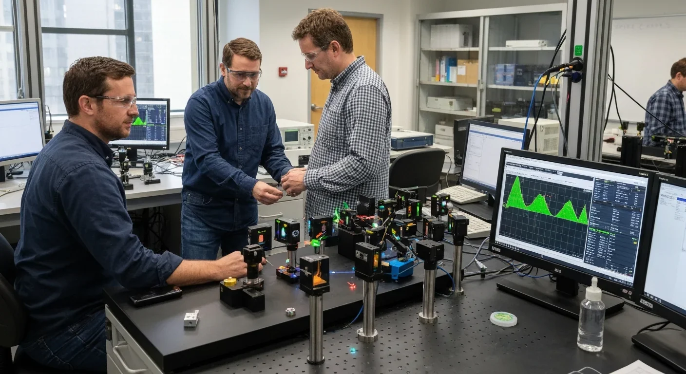 Researchers working with optical neural network equipment in photonics laboratory