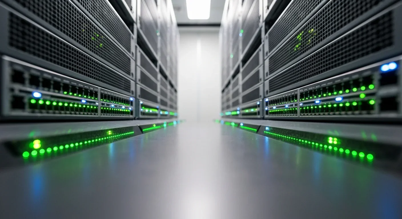Rows of network switches with blinking LED lights in a modern data center server room