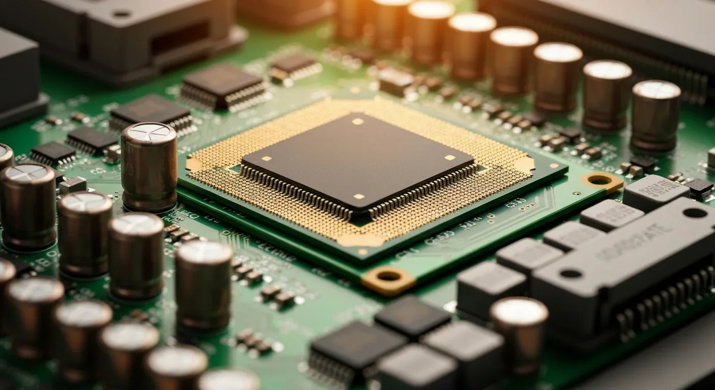 Close-up of a network switch ASIC processor chip on a circuit board