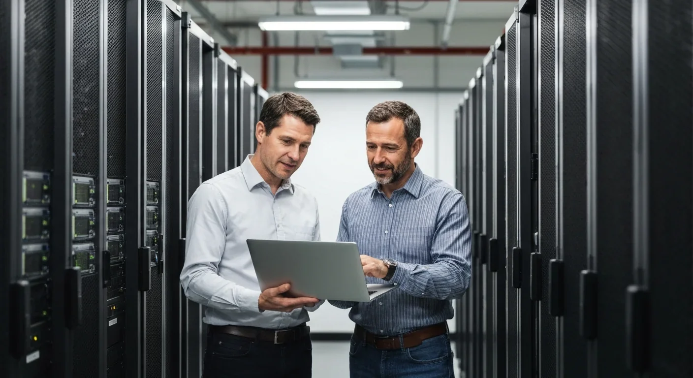 Two network engineers reviewing configuration on a laptop in a data center